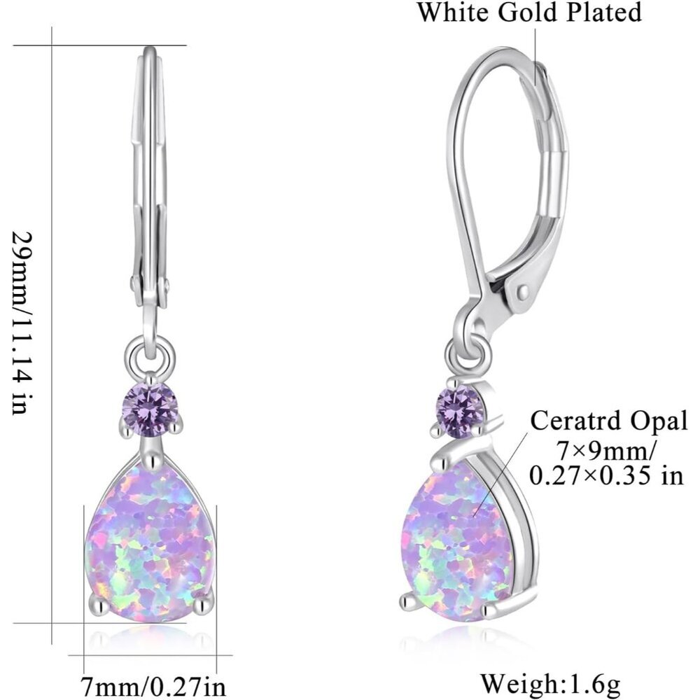Leverback Opal Dangle Drop Earrings For Women Girls 14K Gold Plated Teardrop Ear - Picture 3 of 7